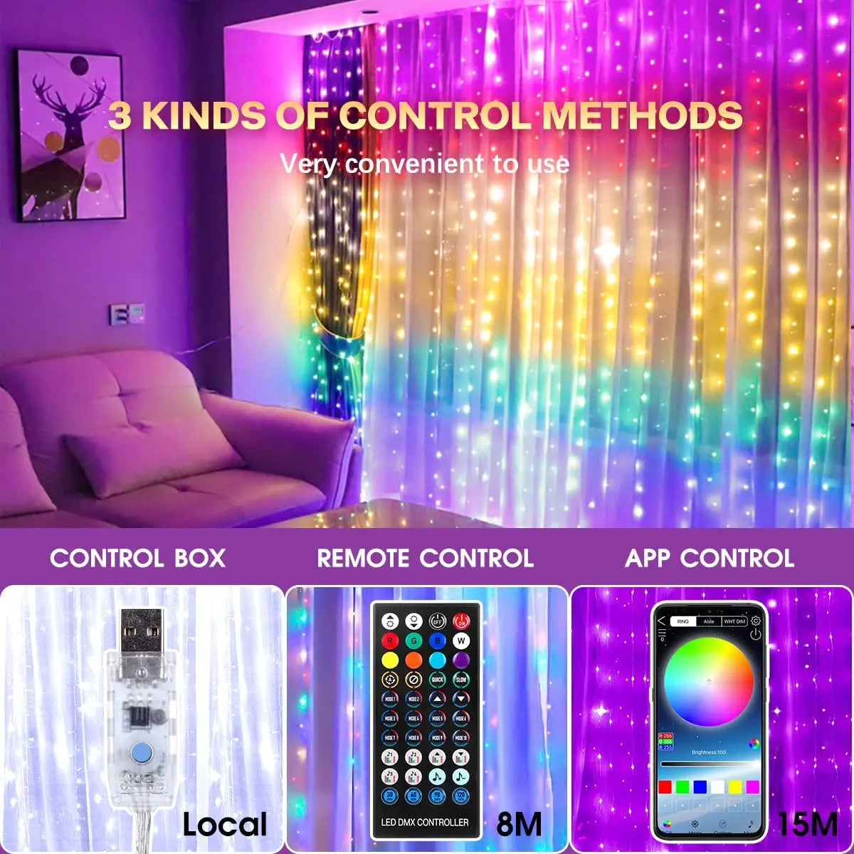 RGB LED Curtain Lights Fairy String Lights with Smart App Control Garland for Christmas Wedding Party Decoration indoor Outdoor