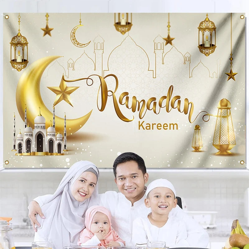 Ramadan Festival Decor Hanging Flag Moon Row Of Lights Holiday Party 180X110cm ,B 1Set