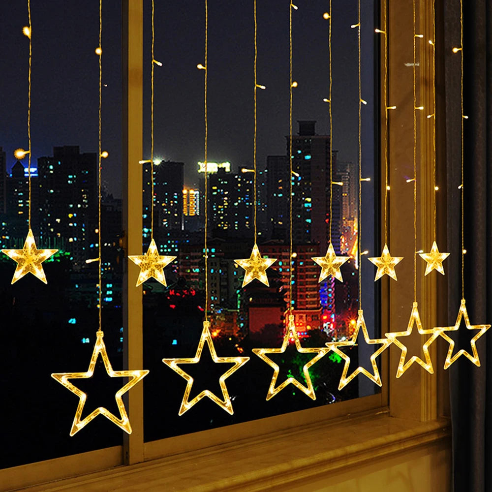 138LED Star String Light Waterproof 8 Modes Warm White Curtain Lights for Ramadan Party Bedroom Wedding Christmas Decoratio