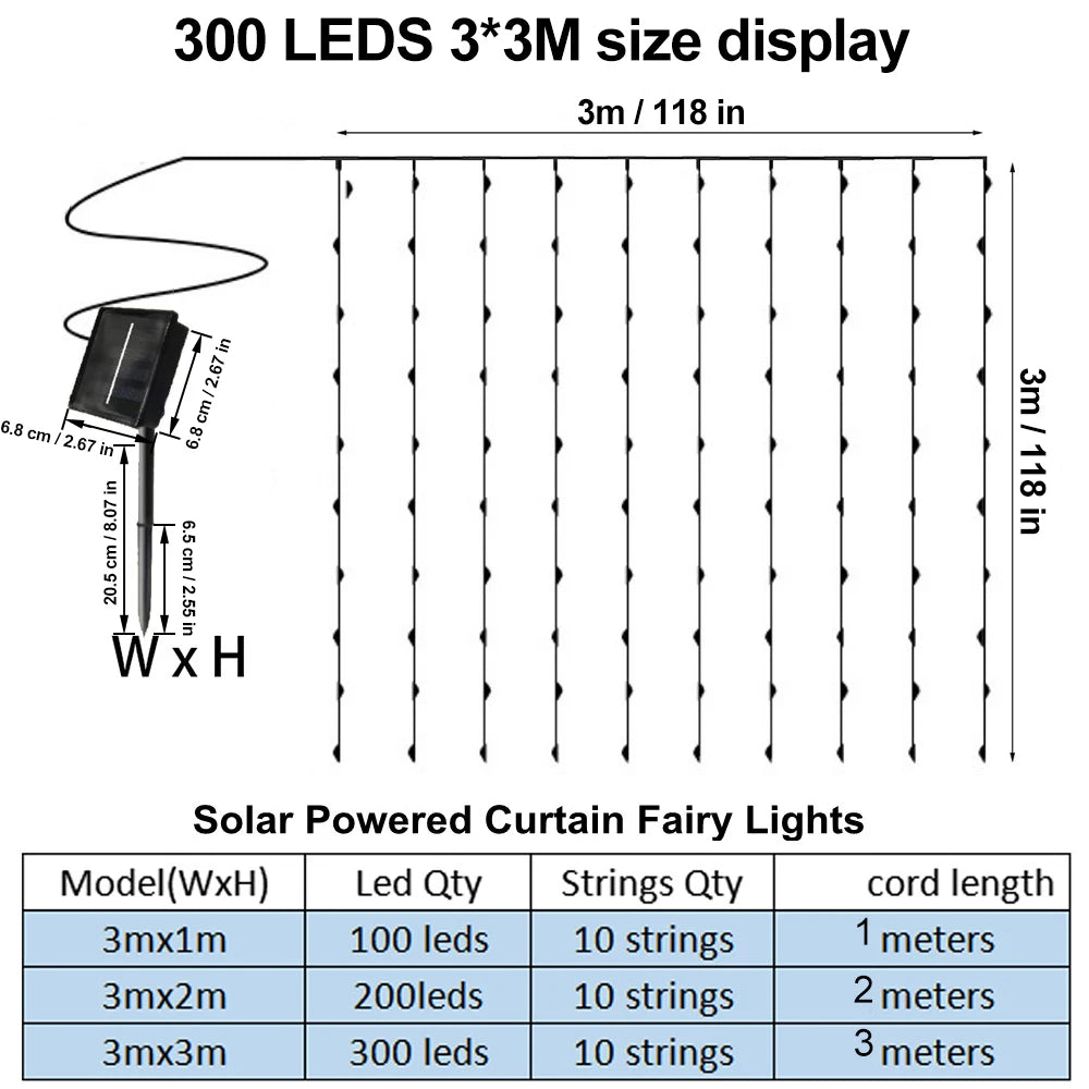 Solar Curtain Lights LED Solar Outdoor Waterproof Fairy lights With 8 Modes For Bedroom Window Patio Wedding Holiday Decorative