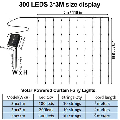 Solar Curtain Lights LED Solar Outdoor Waterproof Fairy lights With 8 Modes For Bedroom Window Patio Wedding Holiday Decorative