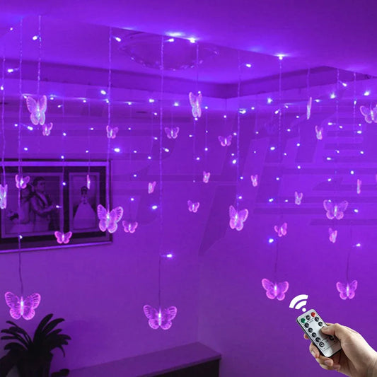 Purple LED Butterfly Icicle Curtain Garland Fairy Lights for Valentine's Day Room Wedding Birthday Party Christmas Decoration