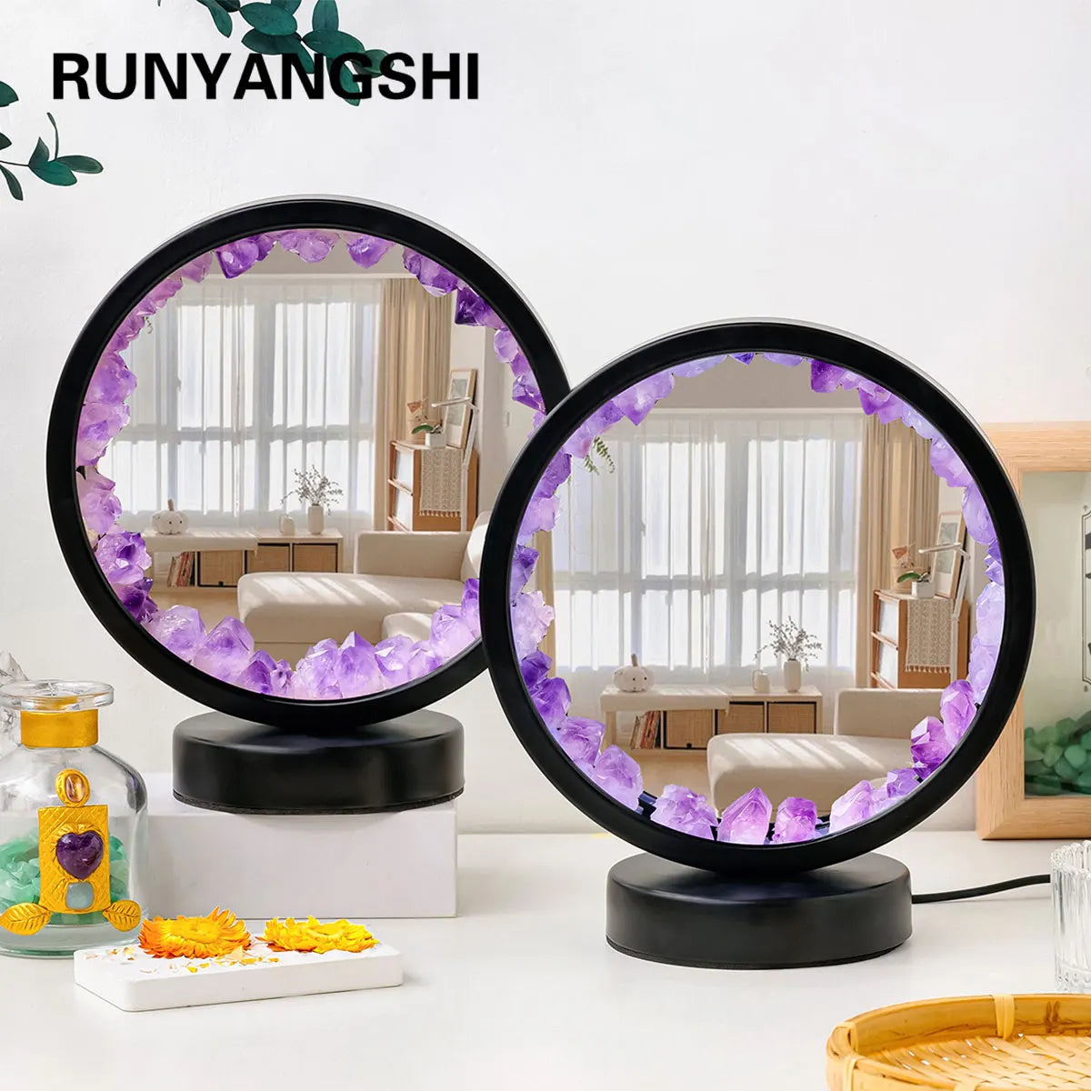 Natural Crystal Circular Mirror Night  Lamp